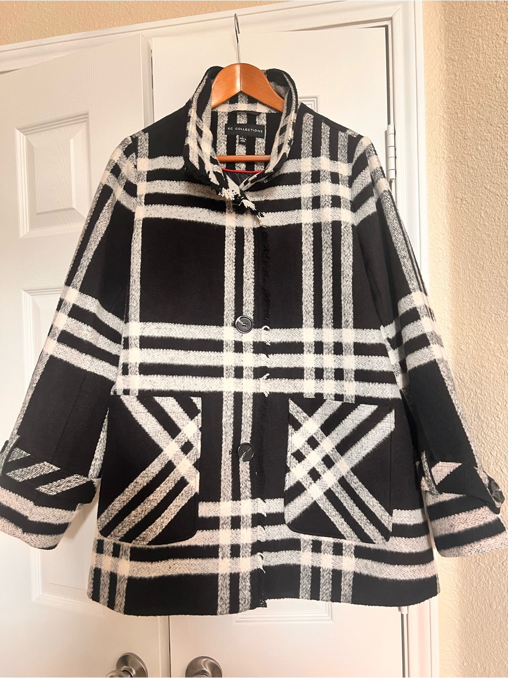 KC Collections Black & White Plaid Pea Coat -sz Large